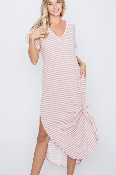 Pink Striped V-Neck Dress