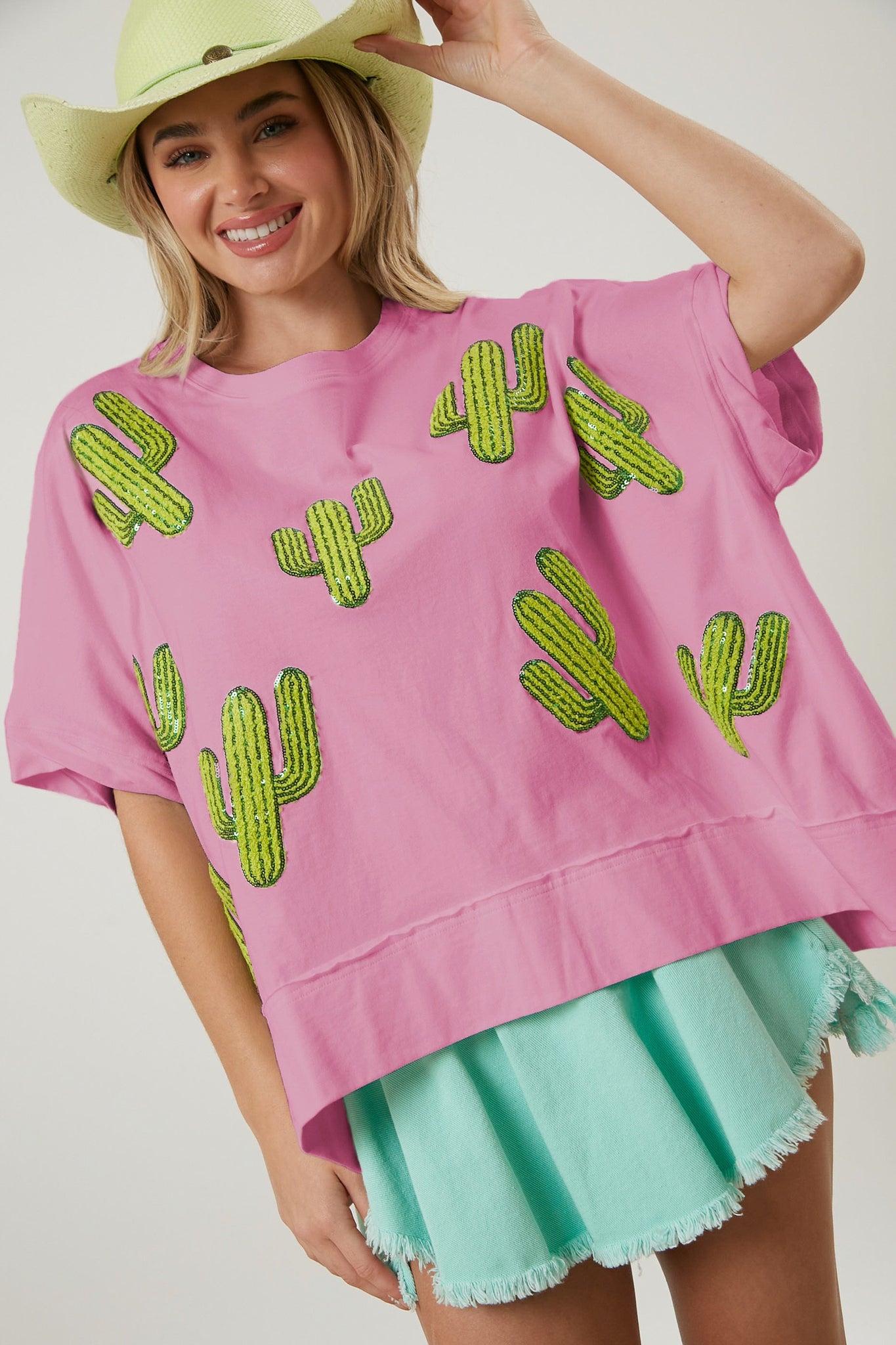 Pink, Cactus Embroidered Oversize Top