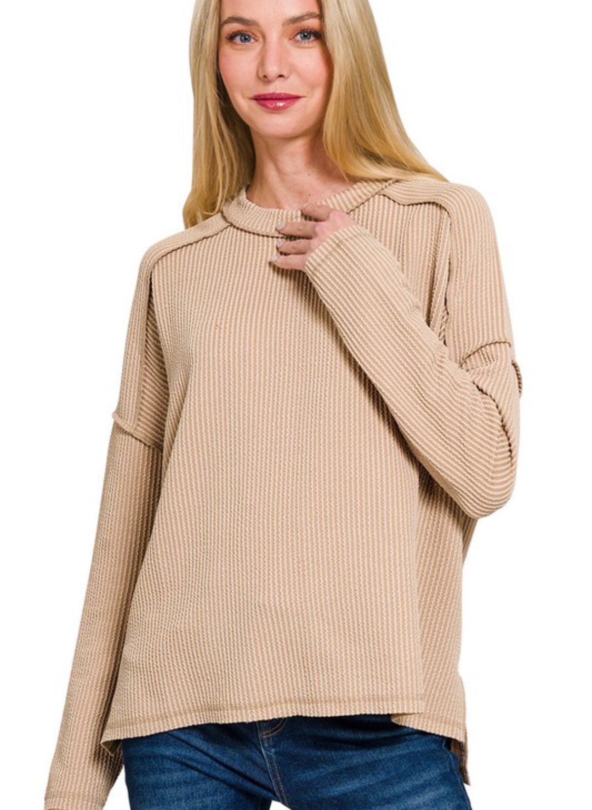 Boat Neck Long Sleeve Top in Light Mocha