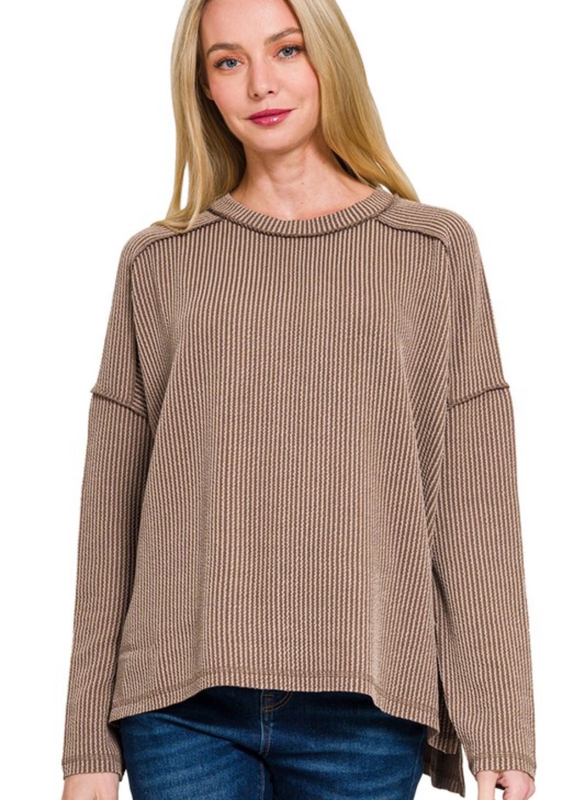 Boat Neck Long Sleeve Top in Brown