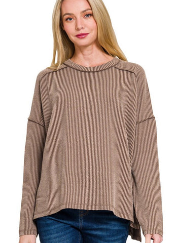 Boat Neck Long Sleeve Top in Brown