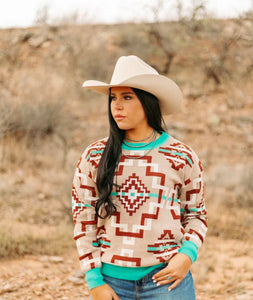 Turquoise & Maroon Western Sweater