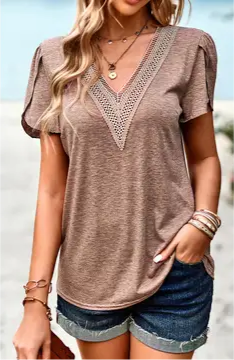 V-Neck Brown & Lace Top