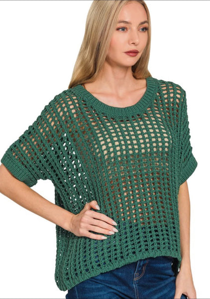 Short Sleeve Crochet Sweater in Dark Green