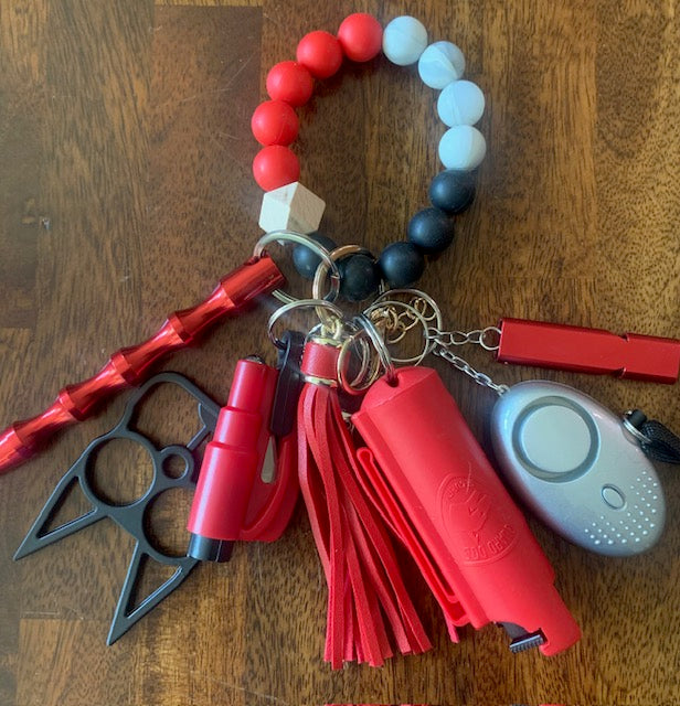 Red, Black & White Beaded Safety Keychain