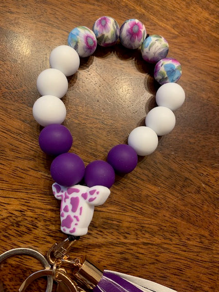 Purple & White Beaded Floral Keychain