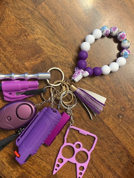 Purple & White Beaded Floral Keychain