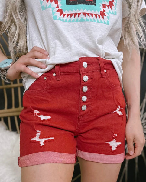 Red Button Fly Shorts