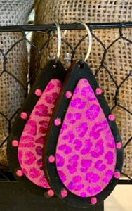 Wooden Teardrop Hot Pink Glitter Earrings