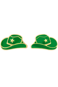 Green & Gold Cowgirl Hat Stud Earrings