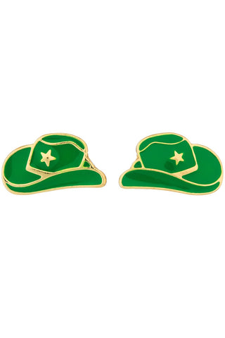 Green & Gold Cowgirl Hat Stud Earrings