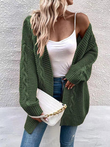 Green cardigan knit cable sweater
