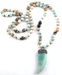 34 inch Amanzonite stone necklace with pave crystal horn